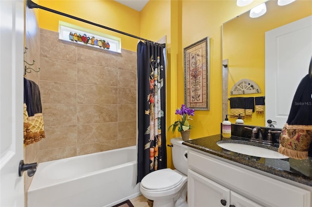 full bathroom with vanity, toilet, and shower / bathtub combination with curtain