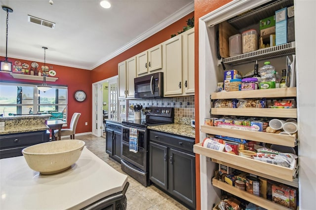 kitchen featuring tasteful backsplash, ornamental molding, pendant lighting, light tile patterned floors, and stainless steel electric range