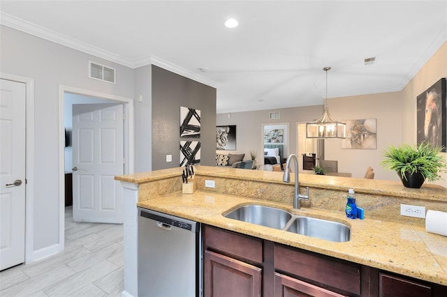 kitchen with ornamental molding, sink, a notable chandelier, dishwasher, and hanging light fixtures