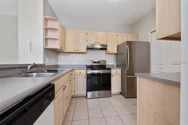 kitchen featuring light tile patterned flooring, backsplash, stainless steel appliances, and sink