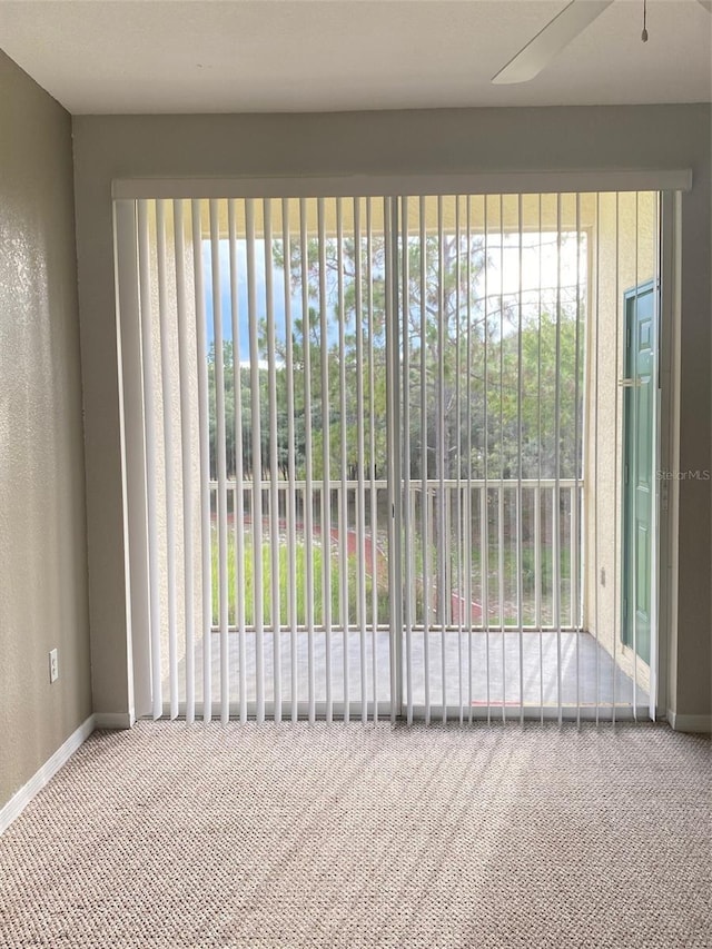 interior space featuring carpet flooring, ceiling fan, and a healthy amount of sunlight