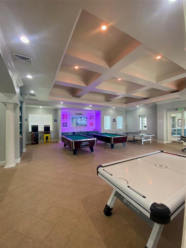 recreation room with beamed ceiling, billiards, and coffered ceiling