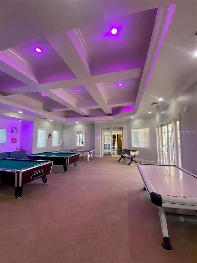 recreation room with french doors, coffered ceiling, crown molding, beamed ceiling, and pool table