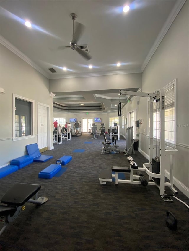 gym featuring carpet, a healthy amount of sunlight, ceiling fan, and crown molding