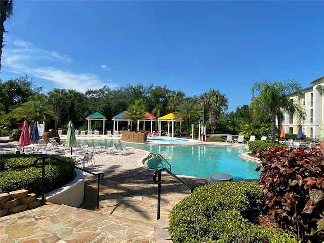 view of swimming pool with a patio