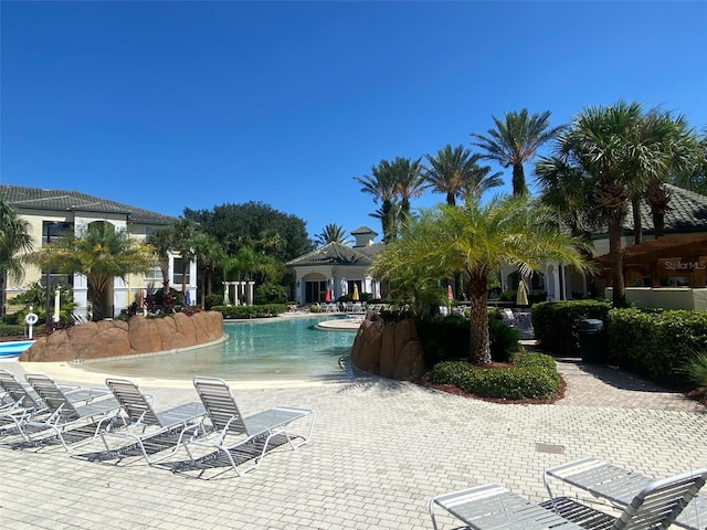 view of swimming pool with a patio