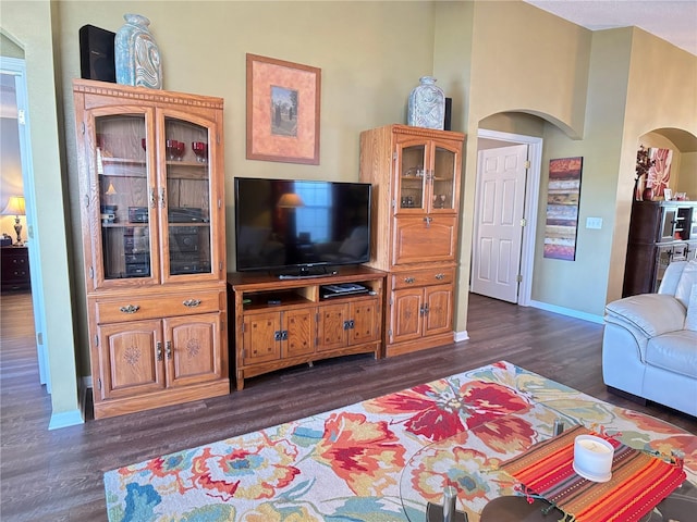 living room with dark hardwood / wood-style floors