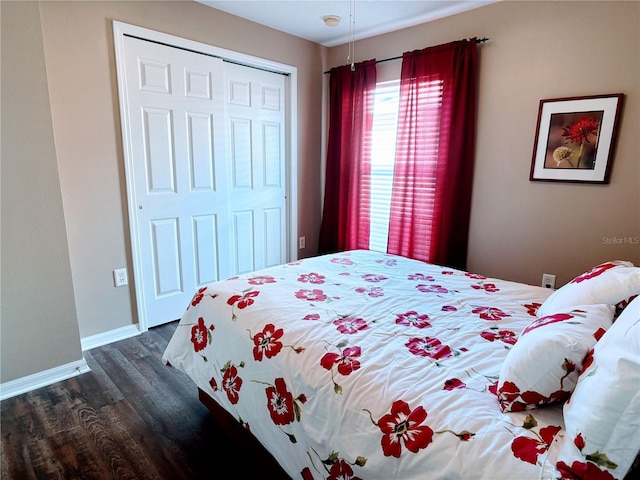 bedroom featuring dark wood-type flooring and a closet