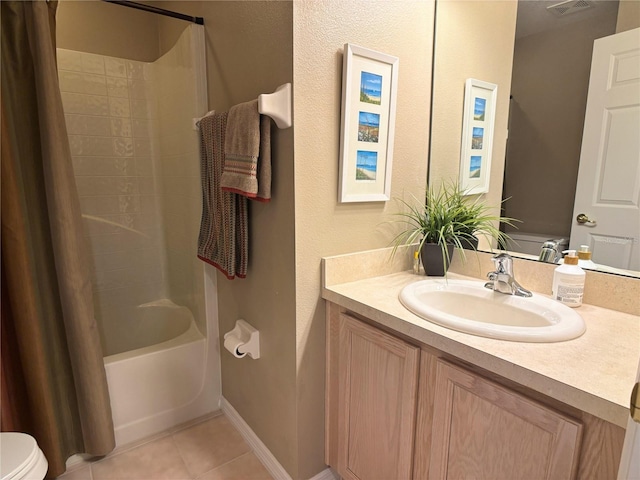 full bathroom with toilet, tile patterned flooring, shower / bathtub combination with curtain, and vanity