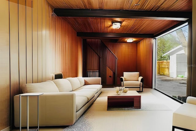 home theater room with wood ceiling, beam ceiling, and wood walls