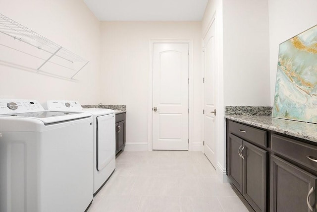 laundry area featuring cabinet space, washer and clothes dryer, and baseboards