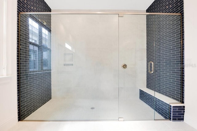 bathroom featuring tile patterned flooring and a shower stall