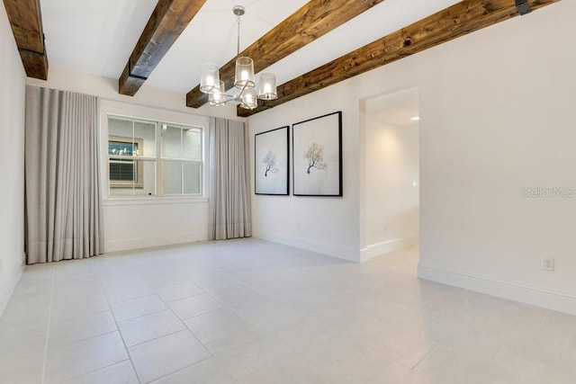 unfurnished room with baseboards, light tile patterned floors, beamed ceiling, and an inviting chandelier