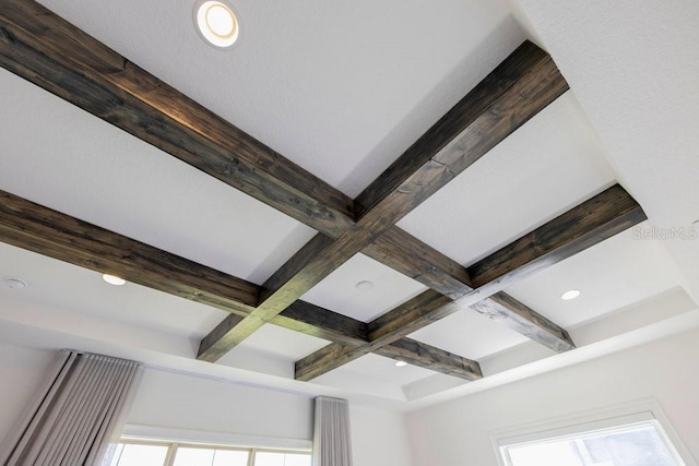 room details with recessed lighting, beam ceiling, and coffered ceiling