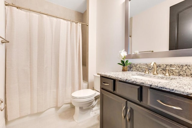 full bath featuring shower / tub combo, vanity, toilet, and tile patterned floors