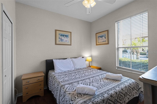 bedroom with a closet, ceiling fan, and dark wood-type flooring