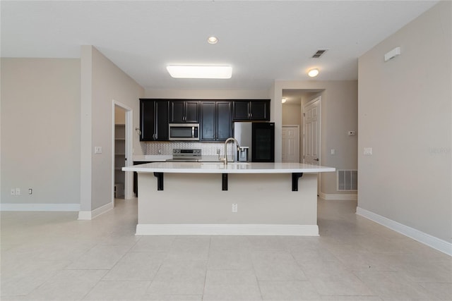 kitchen with a kitchen breakfast bar, a center island with sink, and stainless steel appliances