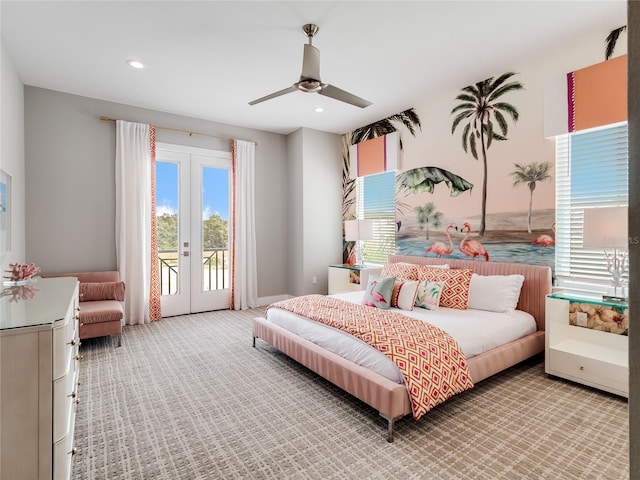 bedroom featuring french doors, access to outside, ceiling fan, and light colored carpet