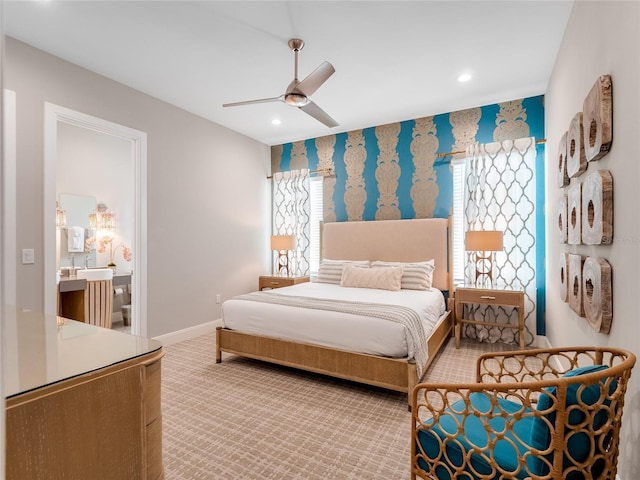 bedroom featuring multiple windows, ceiling fan, and carpet