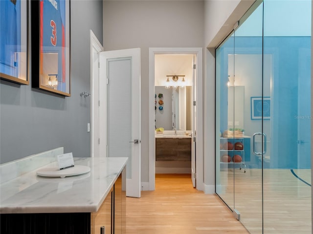 bathroom with vanity and hardwood / wood-style flooring