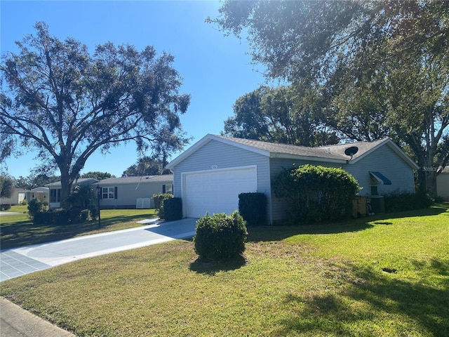 view of property exterior with concrete driveway, a lawn, and an attached garage