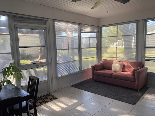 sunroom featuring ceiling fan, wood ceiling, and a wealth of natural light