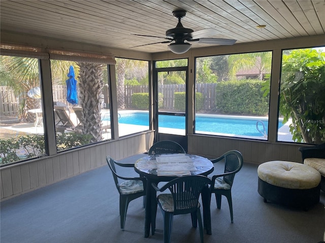 sunroom with ceiling fan and wood ceiling