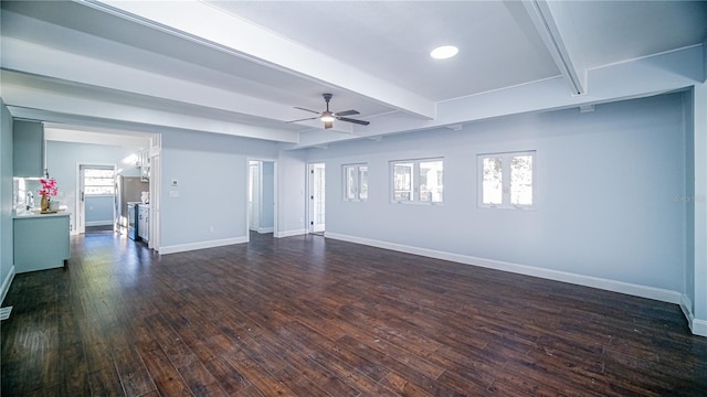 unfurnished living room featuring beamed ceiling, a healthy amount of sunlight, and dark hardwood / wood-style flooring