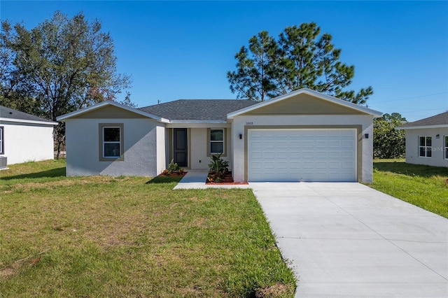 single story home with a garage, driveway, roof with shingles, a front lawn, and stucco siding