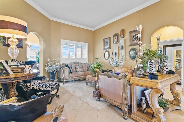 tiled living room featuring ornamental molding