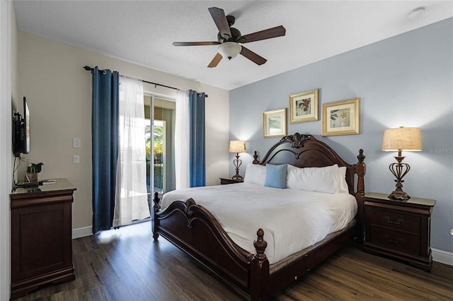 bedroom featuring ceiling fan and dark wood-type flooring