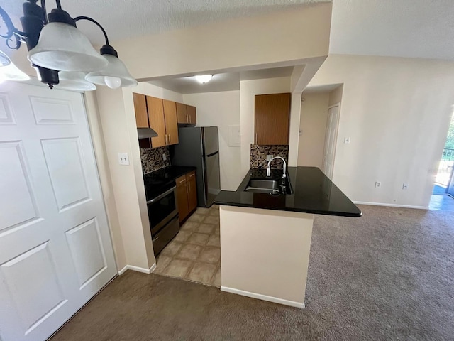 kitchen featuring sink, stainless steel appliances, range hood, light colored carpet, and decorative backsplash