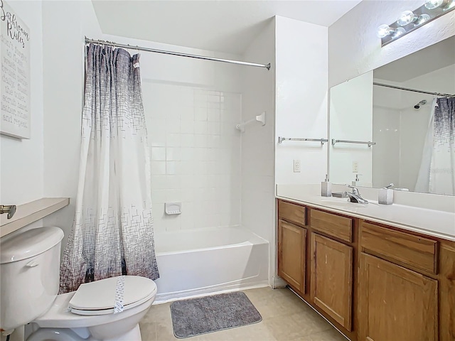 full bathroom featuring tile patterned flooring, vanity, toilet, and shower / bath combo with shower curtain