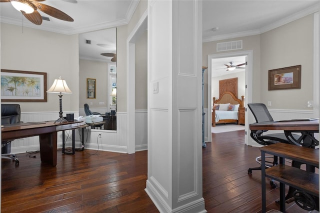 office area featuring crown molding, ceiling fan, and dark wood-type flooring