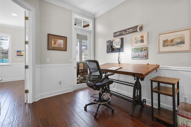 home office featuring dark hardwood / wood-style flooring and ornamental molding