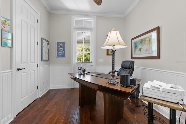 office featuring dark hardwood / wood-style floors, ceiling fan, and crown molding