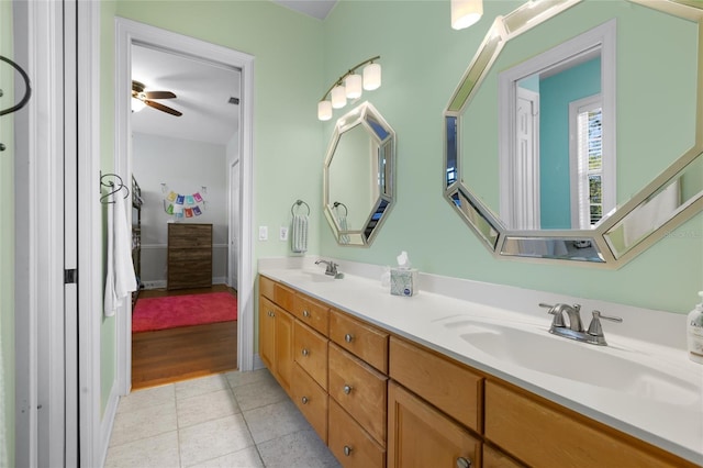 bathroom with vanity, tile patterned floors, and ceiling fan