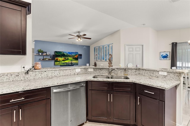 kitchen with ceiling fan, dishwasher, sink, kitchen peninsula, and lofted ceiling