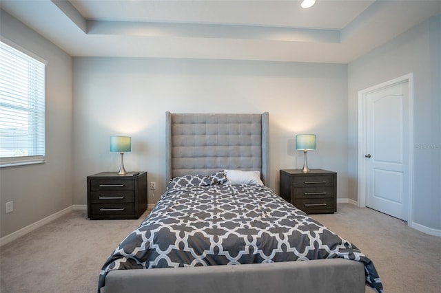 bedroom featuring a raised ceiling and light colored carpet