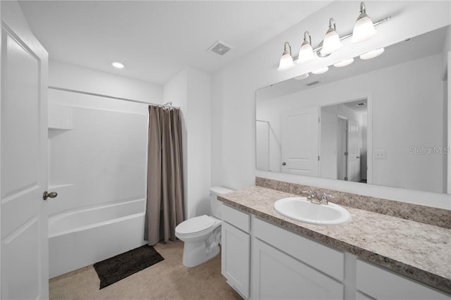 full bathroom featuring toilet, vanity, and shower / tub combo with curtain