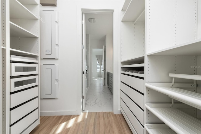 spacious closet with light hardwood / wood-style flooring