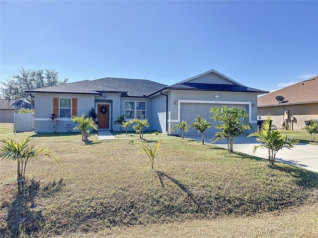 ranch-style home with a front yard and a garage