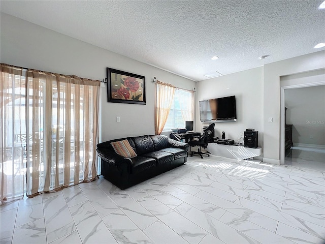 living room featuring a textured ceiling