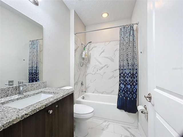 full bathroom with vanity, shower / bath combination with curtain, a textured ceiling, and toilet