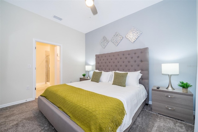 bedroom with dark colored carpet and ceiling fan