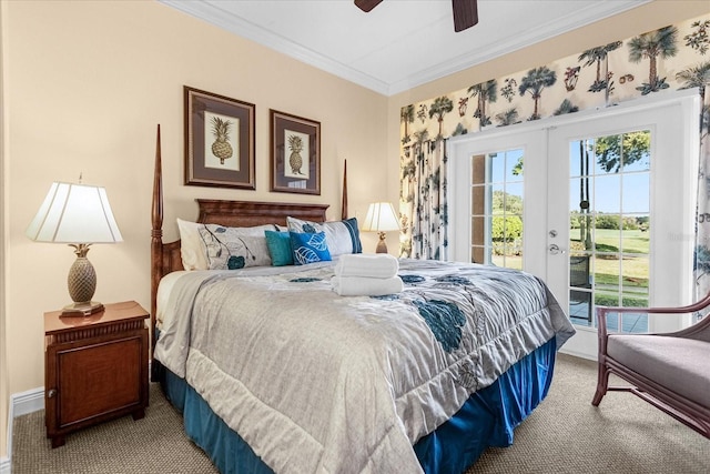 carpeted bedroom with french doors, access to outside, ceiling fan, and ornamental molding