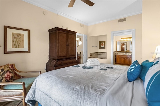 bedroom with ceiling fan, ornamental molding, and ensuite bathroom