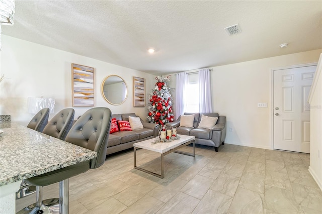 living room featuring a textured ceiling