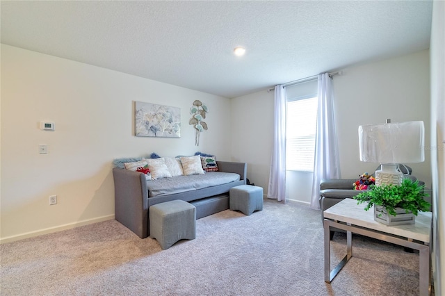 carpeted living room with a textured ceiling