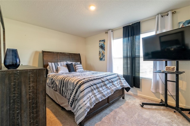 bedroom with carpet and a textured ceiling